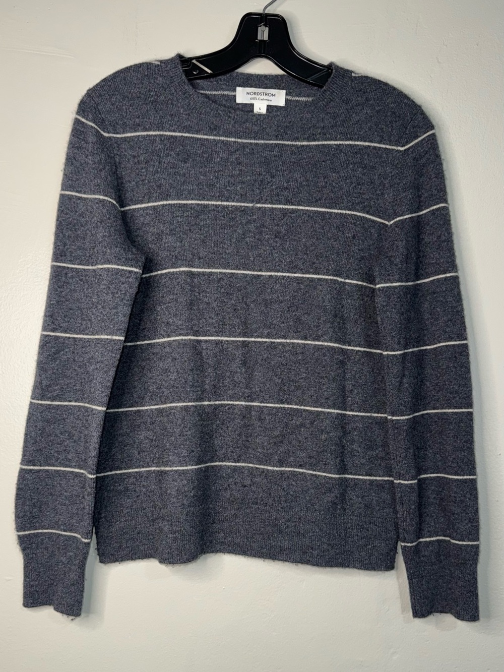 Nordstrom Women's Cashmere Navy Gray Crewneck Sweater with White Stripes